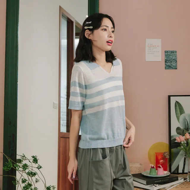 【Dailo】夏日舒適條紋翻領短袖針織上衣(藍 灰/魅力商品)