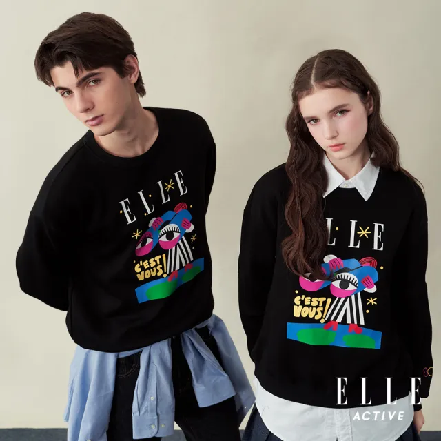 【ELLE ACTIVE】男女同款 繽紛圖騰印花大學T-黑色(EA25A2F1404-99)