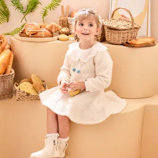 【奇哥】Chic a Bon 女童裝 雅緻熊甜美雕花領毛圈針織洋裝(1-5歲)