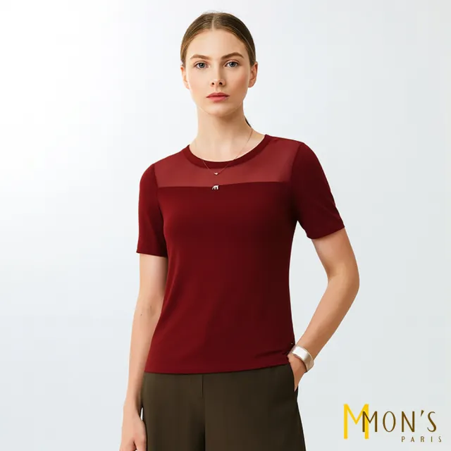 【MON’S】彈力網紗酒紅上衣