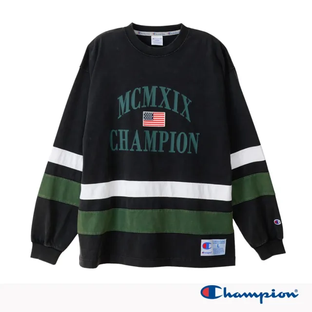 【Champion】官方直營-男款-AS 寬版布章印花長袖TEE-黑色(C3-C411-090-日規)