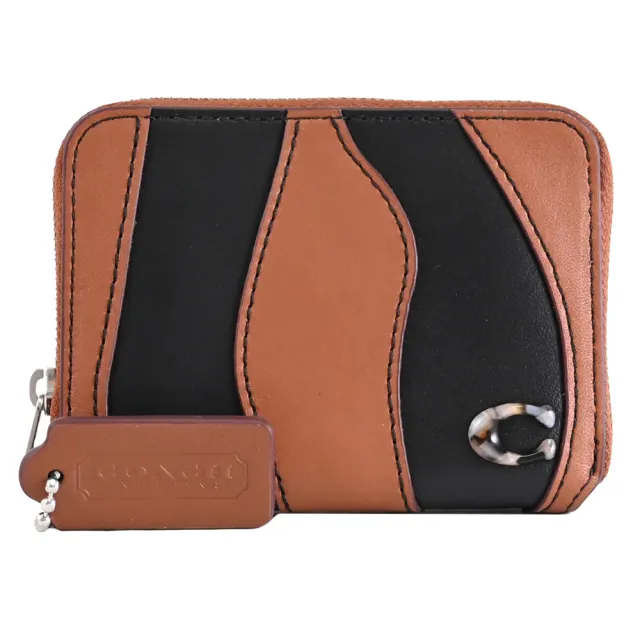 【COACH】經典吊飾C字LOGO波浪條紋信用卡卡片零錢包(咖黑)
