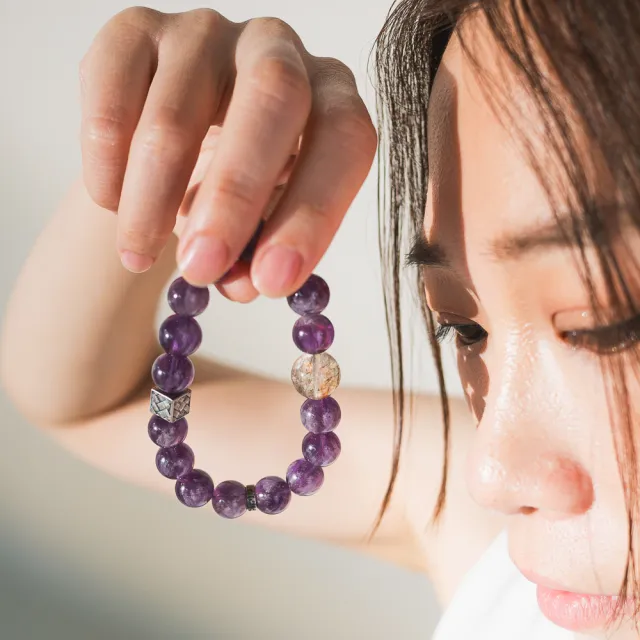 【天天水晶 TINGTING】黑金超七 紫幽靈 12mm 設計款水晶手鍊(全方位招財A120013)