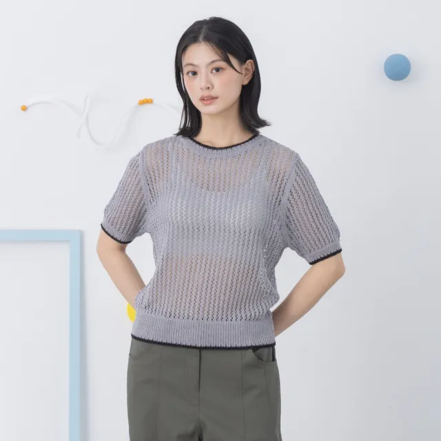 【MOSS CLUB】夏季撞色飾邊鏤空洞洞短袖針織上衣(杏 灰/魅力商品)