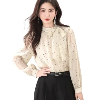 【CHACO】/預購/女春秋 法式優雅蝴蝶結波點雪紡長袖上衣襯衫#5104(雪紡 上衣 長袖 女 春秋 OL)