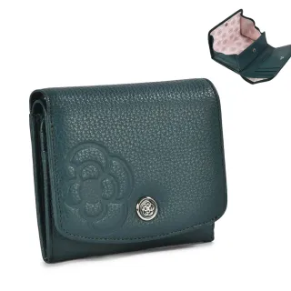 【CLATHAS】山茶花壓印荔枝紋軟皮多卡格零錢袋短夾(藍綠色)