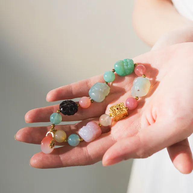 【天天水晶 TINGTING】老礦鹽源瑪瑙 血珀 貔貅 平安扣 設計款水晶手鍊(招財保平安 A110013)