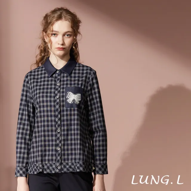 【LUNG.L 林佳樺】LT84C 深藍格紋搭配蝴蝶結刺繡口袋長袖女裝薄外套(春夏新品 加大尺碼)