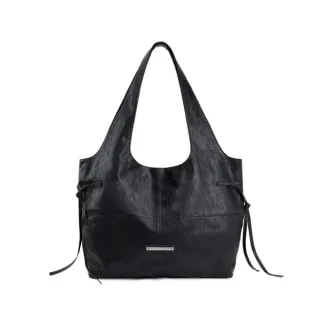 【MATIN KIM】官方旗艦 側繩設計大容量皮革肩背包(黑色)