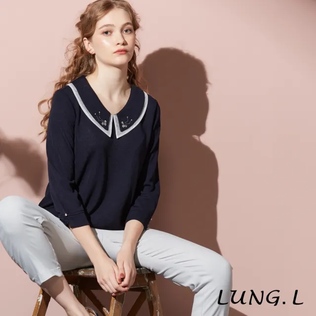 【LUNG.L 林佳樺】LT88A 優雅深藍色海軍領珠飾七分袖女裝上衣(秋冬新品)