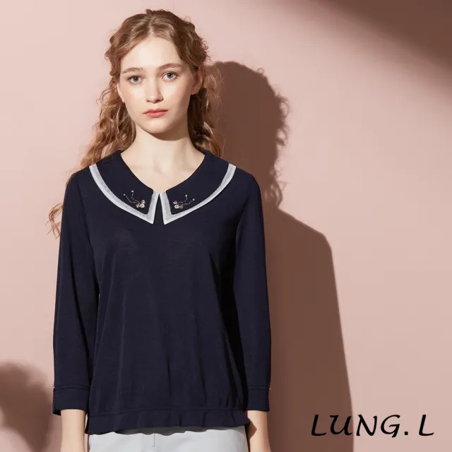 【LUNG.L 林佳樺】LT88A 優雅深藍色海軍領珠飾七分袖女裝上衣(秋冬新品)