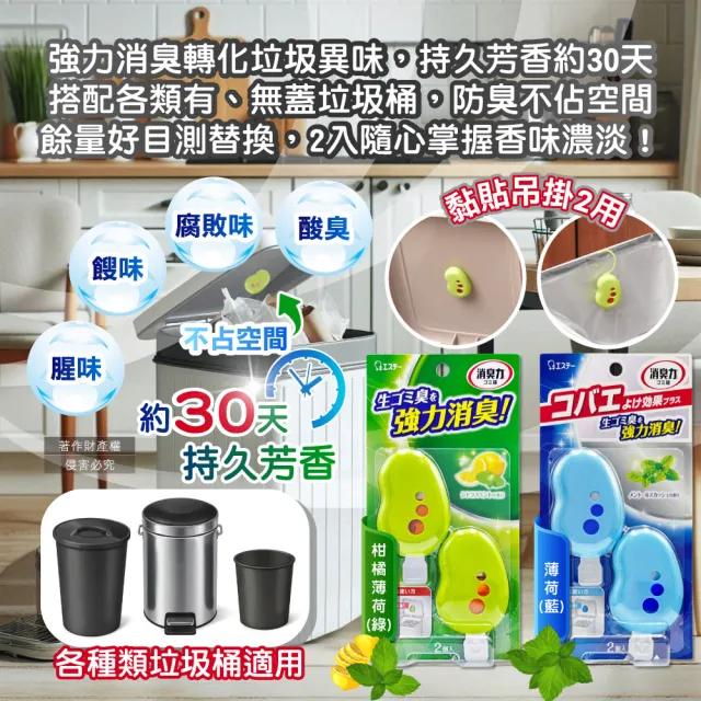 【日本ST雞仔牌】黏貼吊掛兩用強力消臭垃圾桶液體芳香劑3.2mlx2入/盒(廚餘桶脫臭劑淨味貼食物清新約30天)