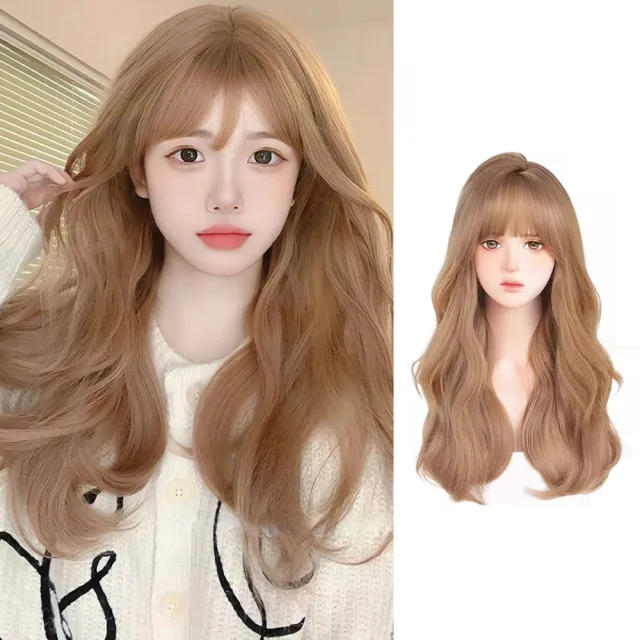 【LEEHER】奶茶色假髮/高溫絲假髮/女生假髮/假髮/長捲髮假髮/全套頭假髮