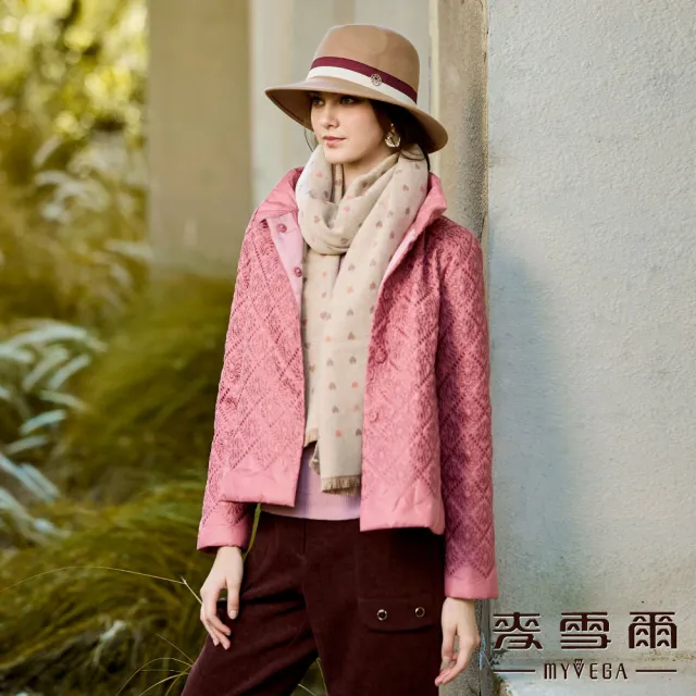 【MYVEGA 麥雪爾】菱格紋滿版刺繡花朵鋪棉外套-粉(新年紅色開運穿搭)