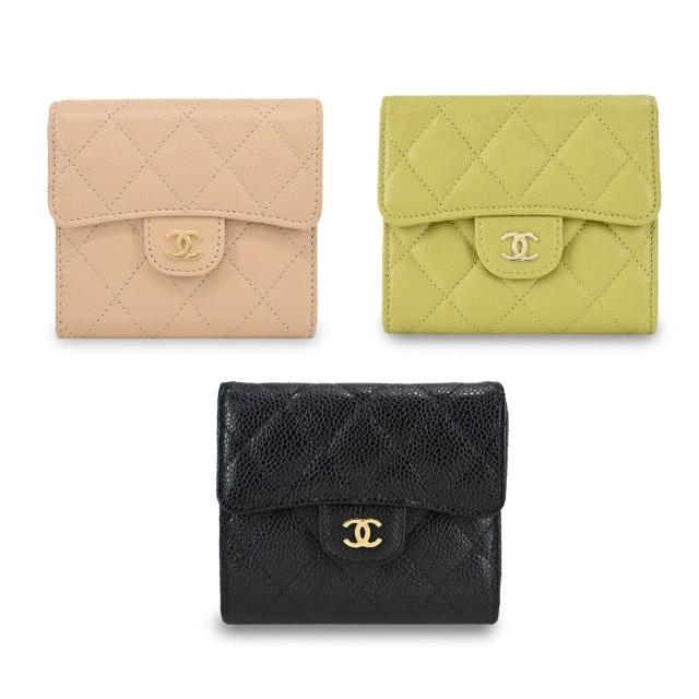 【CHANEL 香奈兒】經典雙C金屬菱格紋小牛皮/羊皮翻蓋三折短夾(多色選)