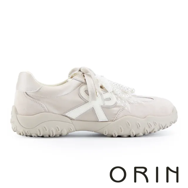 【ORIN】珍珠蕾絲甜感綁帶運動休閒鞋(米色)