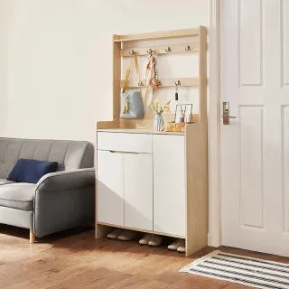 【hoi! 好好生活】Linsy美式現代小戶型附掛勾雙門對開鞋櫃0.9M 原木+白色 JS2N