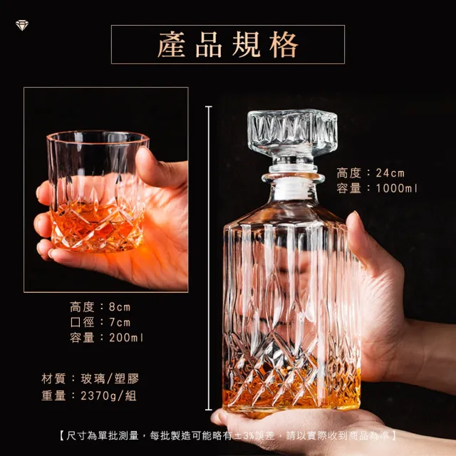 威士忌醒酒器 洋酒玻璃瓶 威士忌酒瓶組 威士忌酒瓶 玻璃酒杯 白酒藥酒酒樽 威士忌玻璃杯(190-WG16)