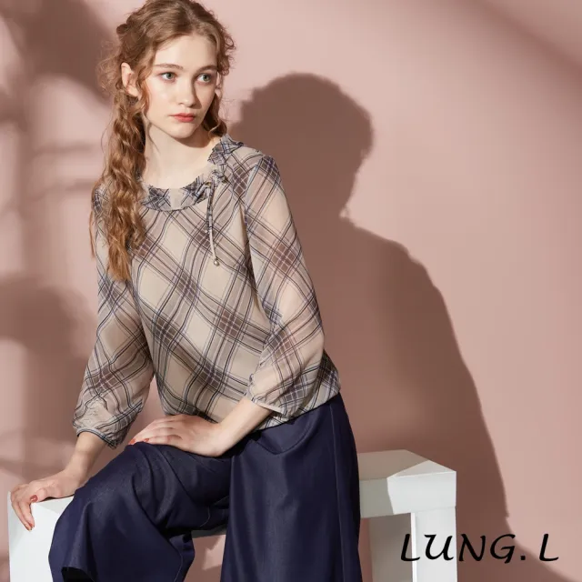 【LUNG.L 林佳樺】LT44A 卡其色大斜格紋輕柔雪紡九分袖女裝上衣(秋冬新品)