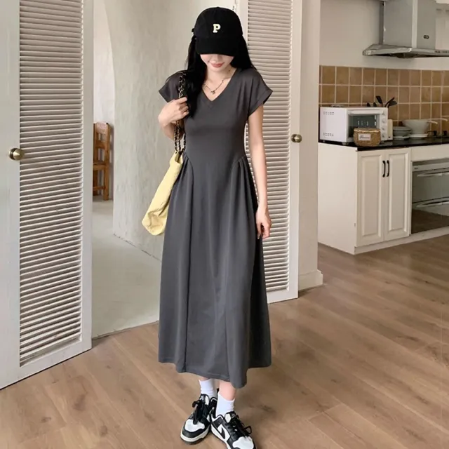 【D.studio】韓版氣質收腰長版洋裝(裙連衣裙連身裙套裝短袖上衣 衣服夏天女裝短袖t恤女裙子S358)