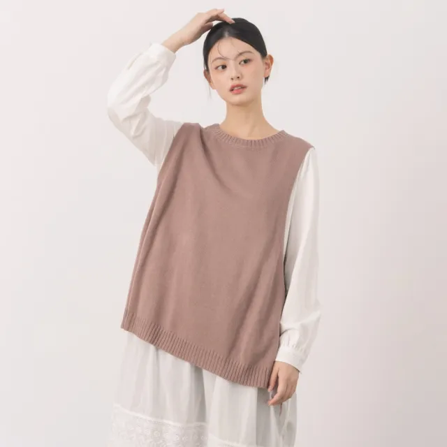 【MOSS CLUB】側綁帶休閒寬鬆圓領長版針織背心(藍 杏 駝/魅力商品)
