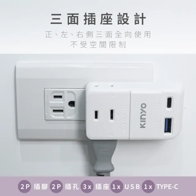 【KINYO】2P+USB+Type-C 智慧快充小壁插 2P插腳 20W(轉接器 擴充插頭 USB插座 分接器)