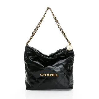 【CHANEL 香奈兒】22 bag 金字菱格紋亮面小牛皮小款肩背包(黑/金黑雙色鏈帶/金色logo)【entrupy安心購】