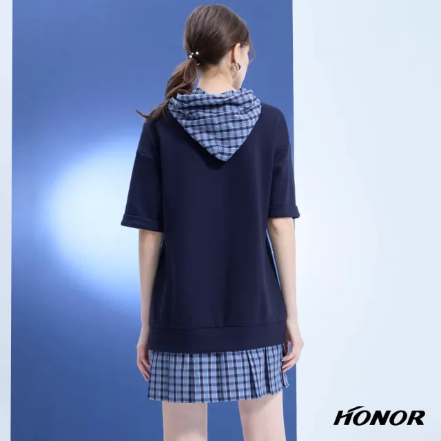 【HONOR 山形屋】出清品 休閒字母口袋拼接格紋連帽洋裝-藍(限定出清)