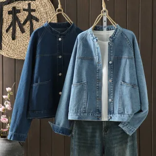 【ACheter】大碼顯瘦減齡寬鬆立領牛仔外套#125998(深藍  藍)