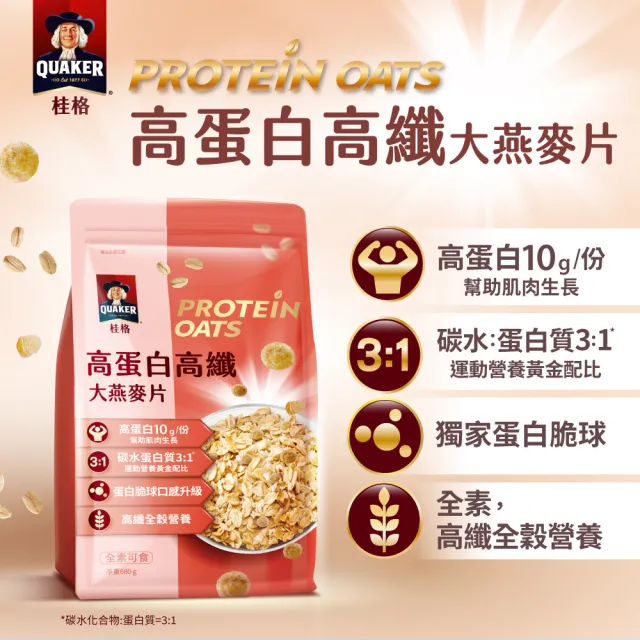【QUAKER 桂格】高蛋白高纖大燕麥片680g×1袋(優質碳水+蛋白 高蛋白幫助肌肉生長)