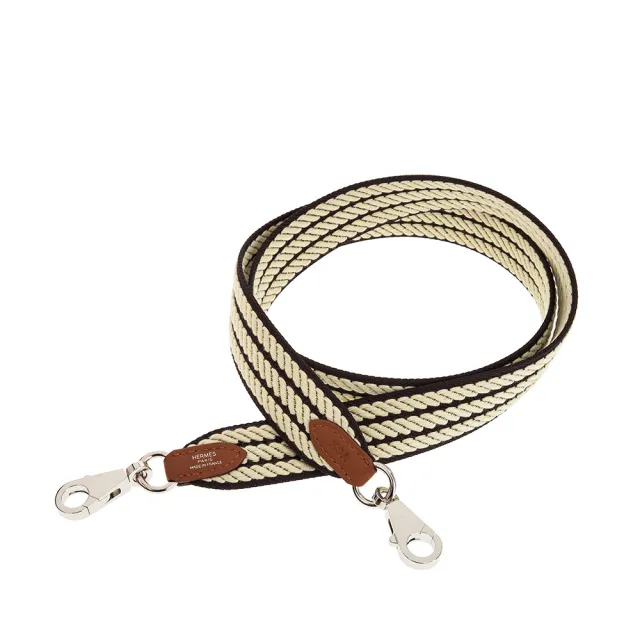 【Hermes 愛馬仕】經典Sangle Cordage 系列雙色銀扣窄版織帶/背帶(prunoir/jaune Milton/gold)