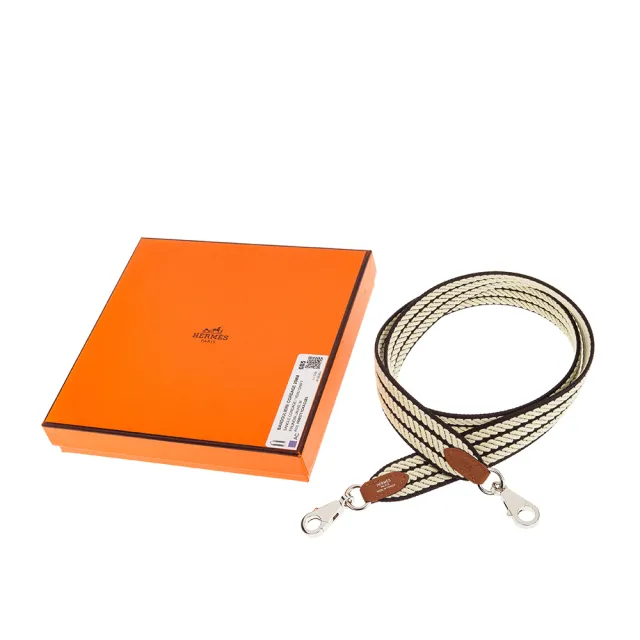 【Hermes 愛馬仕】經典Sangle Cordage 系列雙色銀扣窄版織帶/背帶(prunoir/jaune Milton/gold)