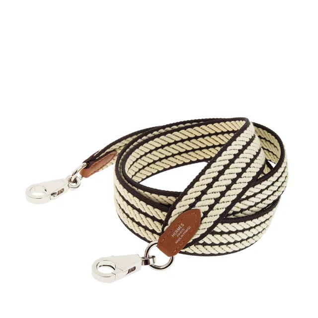 【Hermes 愛馬仕】經典Sangle Cordage 系列雙色銀扣窄版織帶/背帶(prunoir/jaune Milton/gold)