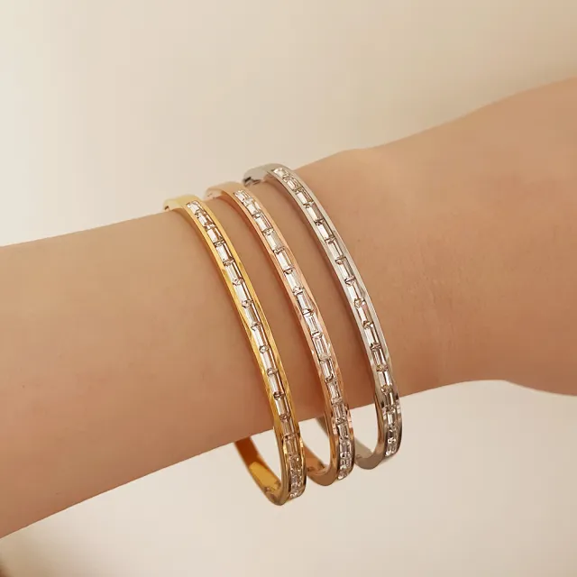 【CReAM】Laura 鈦鋼鋯石方鑽金色銀色玫瑰金色手環手鐲(生日 禮物 送禮 禮盒)