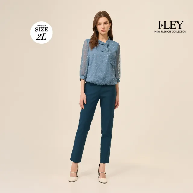 【ILEY 伊蕾】燒花透膚手袖造型領OL上衣(藍；M-2L；1253021437)
