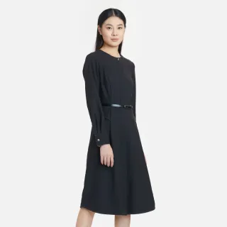 【KeyWear 奇威名品】優雅剪裁繡線混紡長袖洋裝