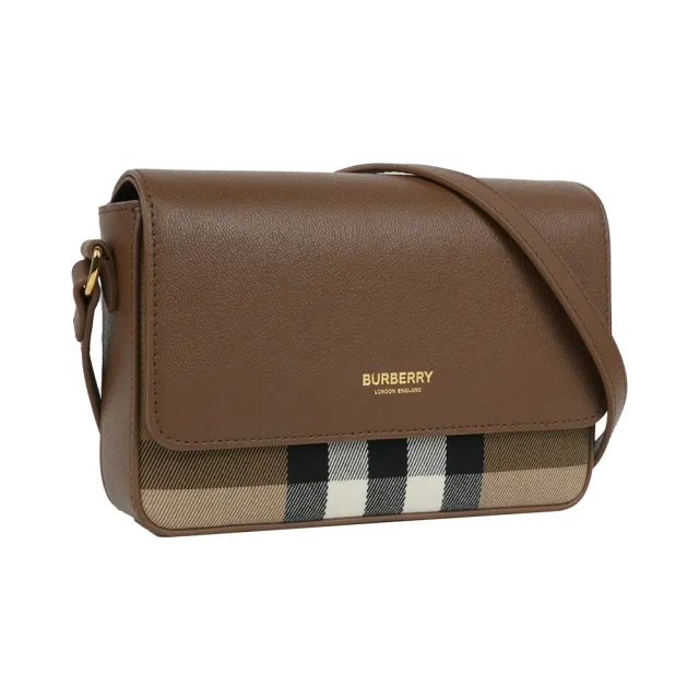【BURBERRY 巴寶莉】Hampshire 新款格紋帆布拼皮革手拿包/斜背包(土棕色)