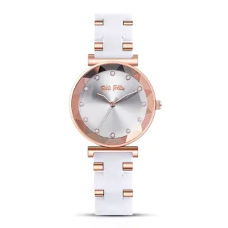 【Folli Follie】29毫米 特殊寶石切割鏡面 精鑲水晶時標 陶瓷錶帶腕錶 玫瑰金X白 FF230437