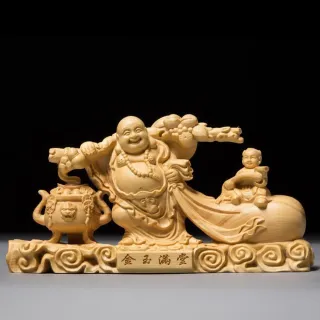 【MoonDy】彌勒佛 木雕擺件 黃楊木 佛像擺件 木雕佛像 開運 招財進寶