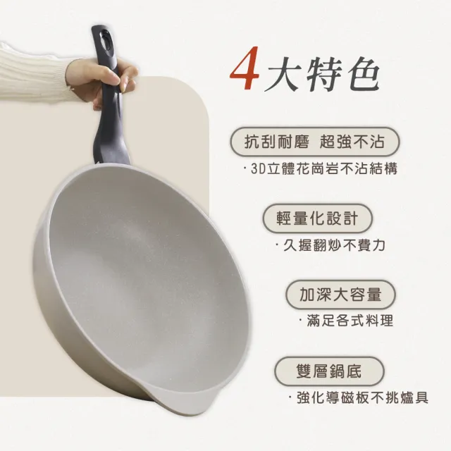 【Queen Chef】韓國礦岩鈦合金鑄造不沾鍋炒鍋 32CM(炒鍋+玻璃蓋 IH爐電磁爐適用)