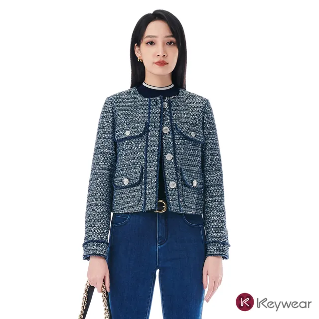 【KeyWear 奇威名品】珠片繡緹花小香風長袖外套