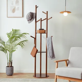 【hoi! 好好生活】林氏木業簡約實木圓底座三桿衣帽架 LH376-胡桃木色