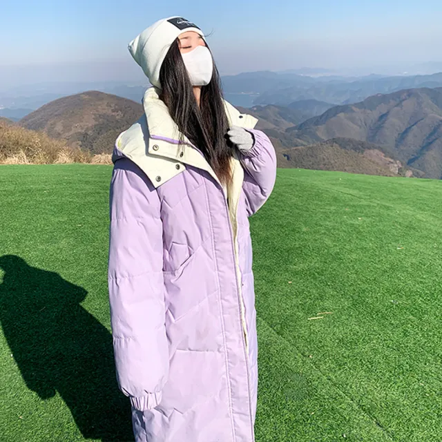 【K.W.】快速出貨春季新品韓國空運優雅美型升溫羽絨中長版外套(防水防風外套 連帽外套 大衣 羽絨外套)