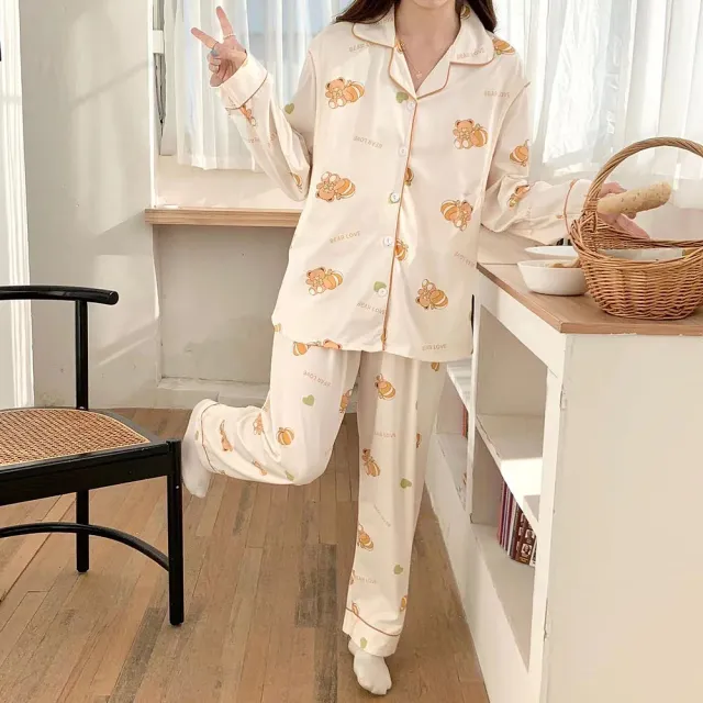 【lingling】全尺碼-南瓜熊側掀哺乳衣牛奶絲長袖二件式睡衣組 孕婦睡衣居家服(PA4395-米白南瓜熊)