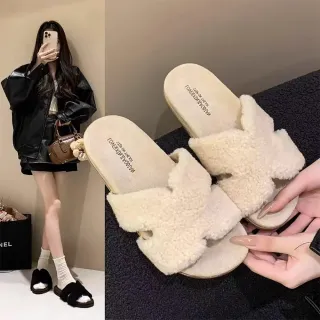 【Alberta】跟高2cm 法式仙女風厚底羊羔毛拖鞋棉拖鞋秋冬外穿休閒一字拖 毛絨拖 毛毛拖 3色