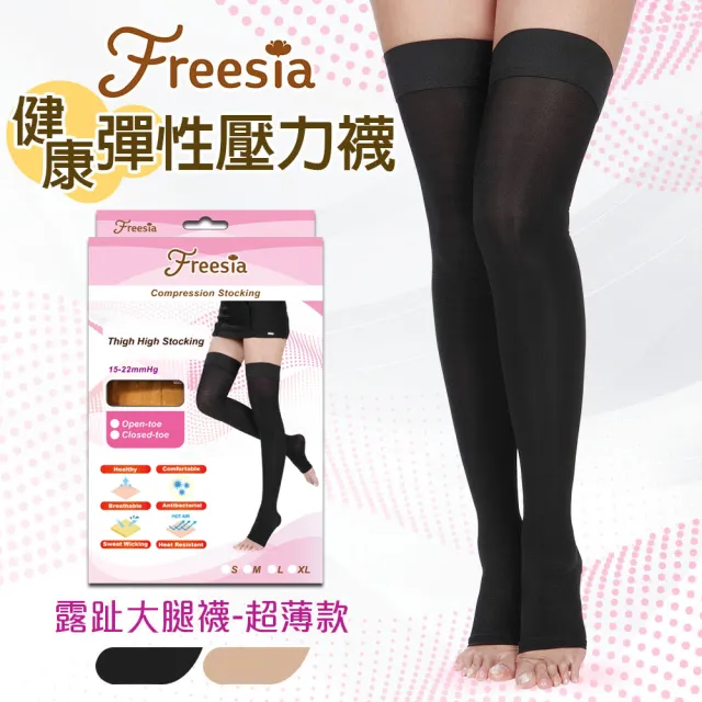 【Freesia】彈性壓力襪-露趾大腿襪X2雙組(200D-運動襪/彈性襪/束腿襪/塑腿襪/美腿襪/台灣醫療級大廠製造)