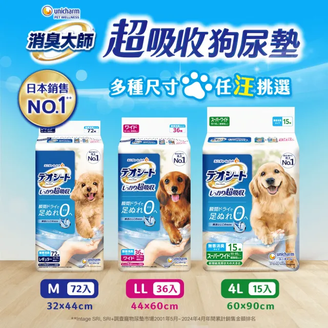 【Unicharm Pet消臭大師】超吸收狗尿墊(M72片/LL36片/4L15片)