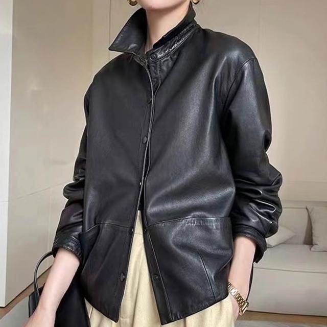 【巴黎精品】頂級真皮皮衣外套真羊皮皮衣秋冬夾克休閒女裝(寬鬆造型領真皮女外套n1le37)