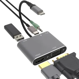 【ZA 喆安】5合1 Type-C HUB轉接集線器(支援Type-C HDMI/VGA投影/AUX3.5mm音源耳機/充電/3.2 Gen1傳輸)
