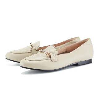 【MAGY】格紋縫線牛皮馬銜釦平底樂福鞋(杏色)